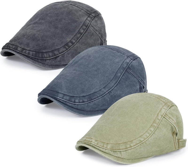 Qlauca Store 3Pcs Men's Newsboy Caps Washing Cotton Cooling Lightweight Scally Cap for Men Adjustable Flat Cap - Image 1